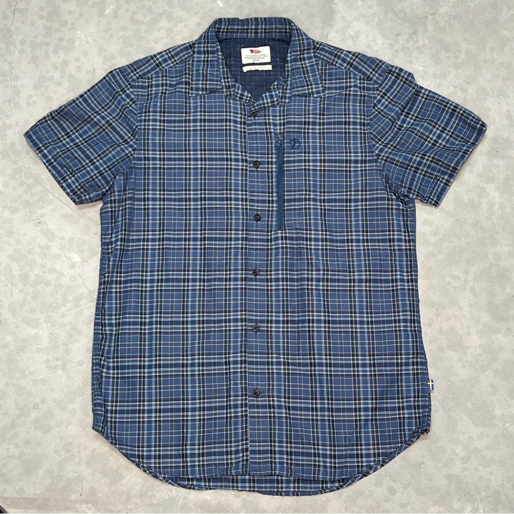 Fjallraven Mens M Abisko Hike Shirt Short Sleeve Plaid Blue Hiking Outdoor
